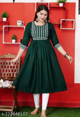 Women's Rayon Embroidered Long Kurta, three-quarter sleeves, India origin